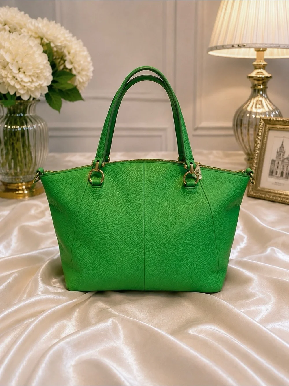 Coach Prairie Satchel Green Pebbled Leather Tote Shoulder Bag - Picture 3 of 9
